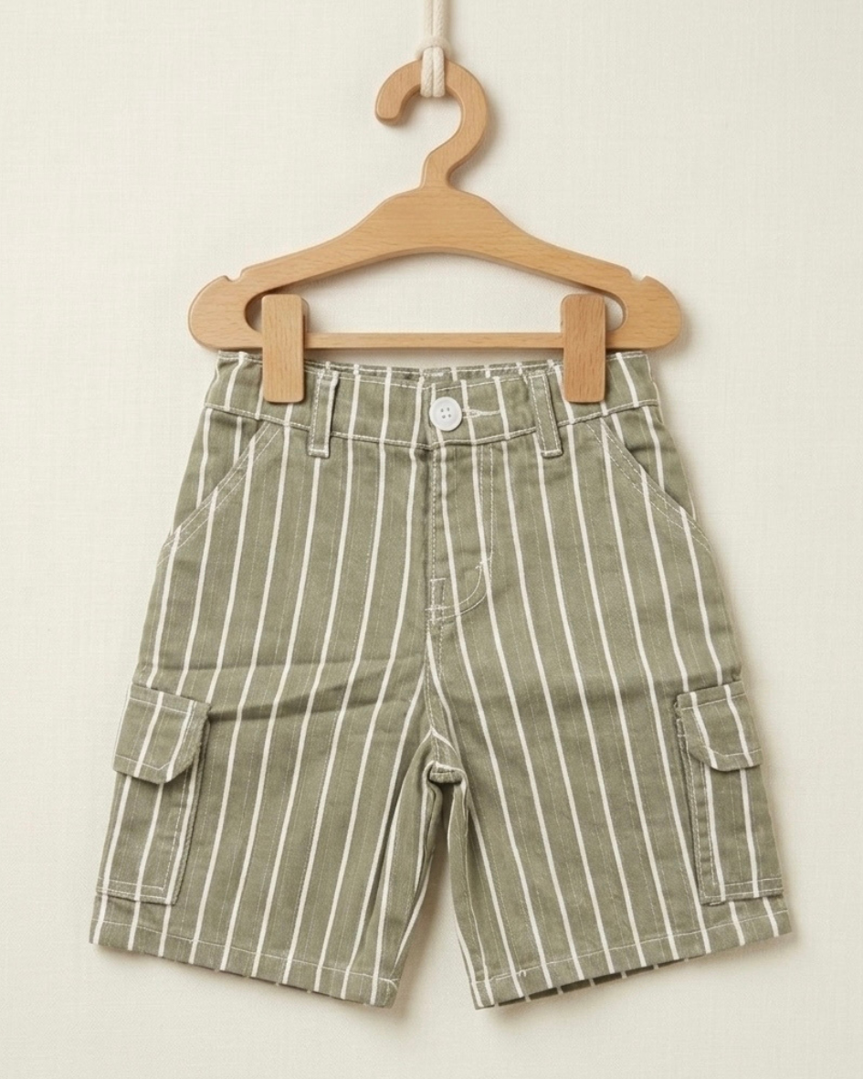 Olive Green Striped Cargo Kids Shorts