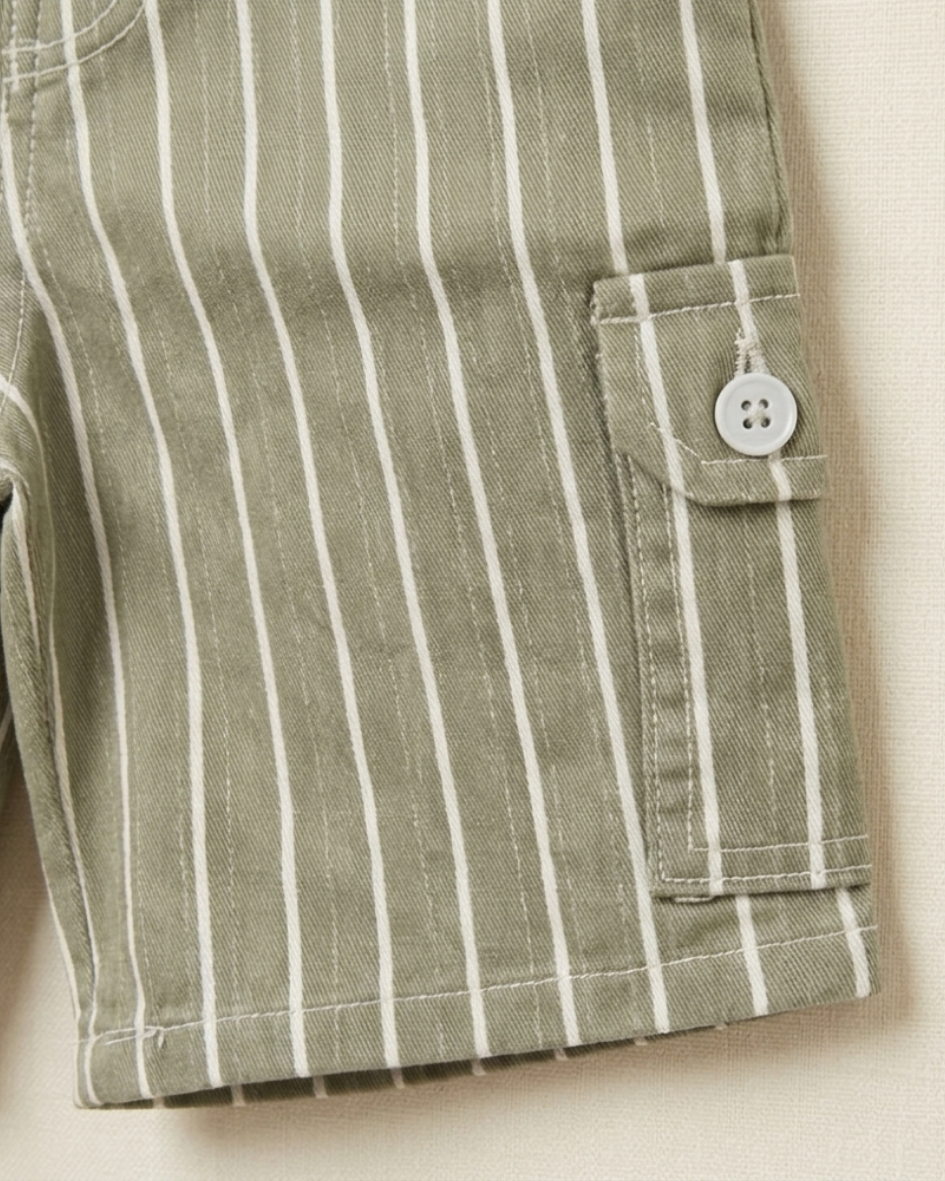 Olive Green Striped Cargo Kids Shorts