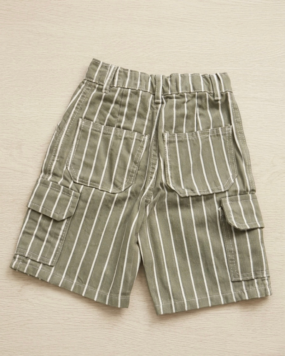 Olive Green Striped Cargo Kids Shorts